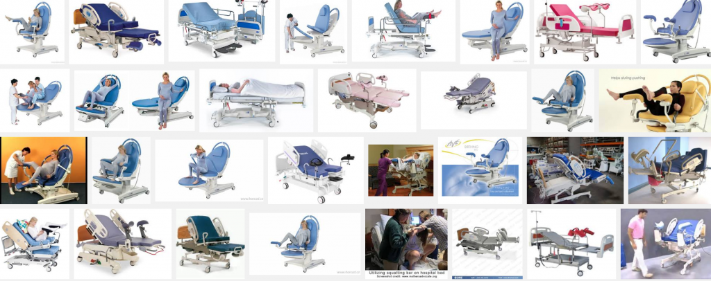 In this screenshot of a Google Image Search for "birthing beds", we see a variety of products. While some can clearly be configured to accommodate a variety of positions, including squatting, many presume that a laboring woman will be lying on her back with her feet up in styrups and will be laboring and likely delivering within the confines of the bed. 