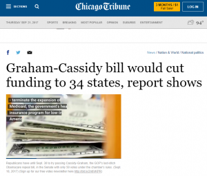 This image shows a screen cap from the Chicago Tribune on September 20, 2017. The headline reads "Graham-Cassidy bill would cut funding to 34 states, report shows."