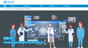 The image shows computer generated cartoons of health care professionals with various graphics indicating medicine such as graphs, charts, stethoscopes, white coats, and scrubs. The text reads "ICD-11: Classifying disease to map the way we live and die"