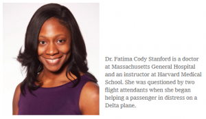 A brown-skinned woman in a purple sleeveless professional-looking dress is smiling at the camera, her dark hair loose on her shoulders. The text indicates that this is Dr. Fatima Cody Stanford who is a doctor at Massachusetts General Hospital and an instructor at Harvard Medical School. 