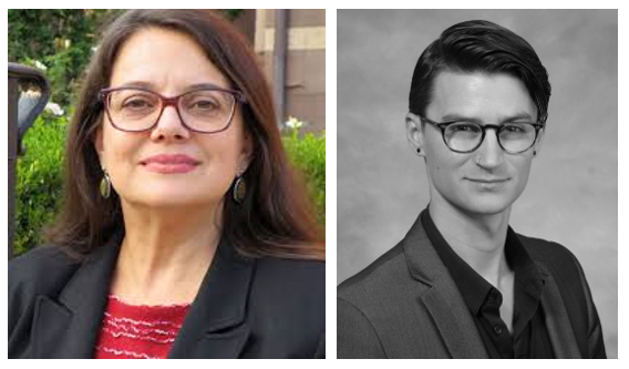 On the left, a headshot of Teresa Blankmeyer Burke, in color. She is wearing a red shirt under a black suit jacket. She has pale skin and long brown hair. On the right is Joel Michael Reynolds, also in a headshot. His photo is in black and white. He is wearing a dark collared shirt with a lighter colored suit jacket. He has pale skin, short black hair, and glasses.