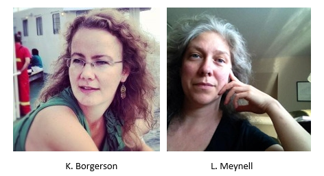 A picture of Kristen Borgerson, sitting outside in the sun, long brown wavy hair in the wind, pale skin, smiling slightly; a picture of Letitia Meynell, looking pensive resting her face on her hand, long silver hair falling to her shoulders