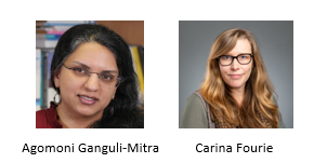 Agomoni Ganguli-Mitra (a brown-skinned woman with black hair shot through with silver at the temple smiles slightly at the camera; books are visible behind her on a shelf) and Carina Fourie (a pale-skinned woman with long honey-blonde hair falling past her shoulders smiles slightly at the camera)